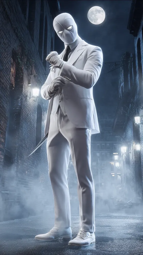 A figure in a pristine white suit and mask stands in a dimly lit alleyway under a full moon.  The suit is impeccably tailored, and the mask conceals the face completely.  The scene is evocative of a superhero or villain, with a mysterious and slightly menacing aura.  The overall color palette is monochromatic, emphasizing the starkness of the character and the atmosphere.  A cane or similar object is partially visible.