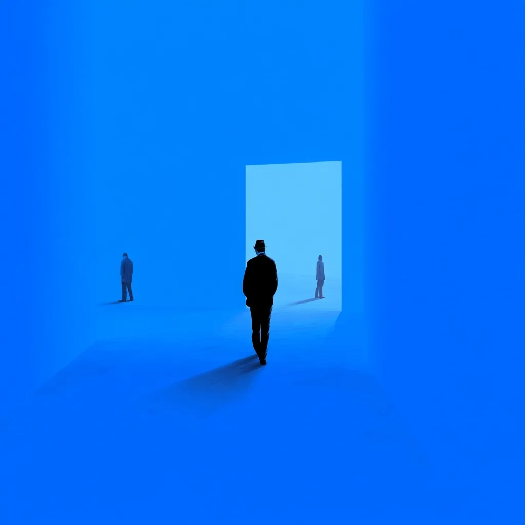 A minimalist illustration depicts a man in a suit walking towards a bright doorway.  Two figures, a man and a woman, stand on either side of the opening, silhouetted against a vibrant blue background. The scene suggests a choice, a transition, or a journey towards an unknown future. The stark colors and simple forms create a powerful sense of isolation and contemplation.