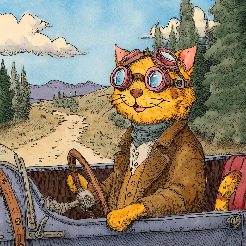 A cheerful orange cat, wearing goggles and a leather jacket, sits behind the wheel of a vintage car.  The cat grips the steering wheel, enjoying a scenic drive down a dusty road.  Mountains and trees form a picturesque background under a partly cloudy sky. The artwork is done in a whimsical, detailed style reminiscent of vintage illustration.