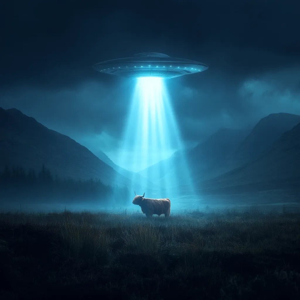 A lone Highland cow stands in a misty field at night, bathed in the ethereal glow of a hovering UFO.  Mountains loom in the background under a dark, cloudy sky. The scene is surreal and evocative, suggesting a mysterious encounter between terrestrial and extraterrestrial life.  The bright beam from the spacecraft illuminates the cow, creating a dramatic contrast.