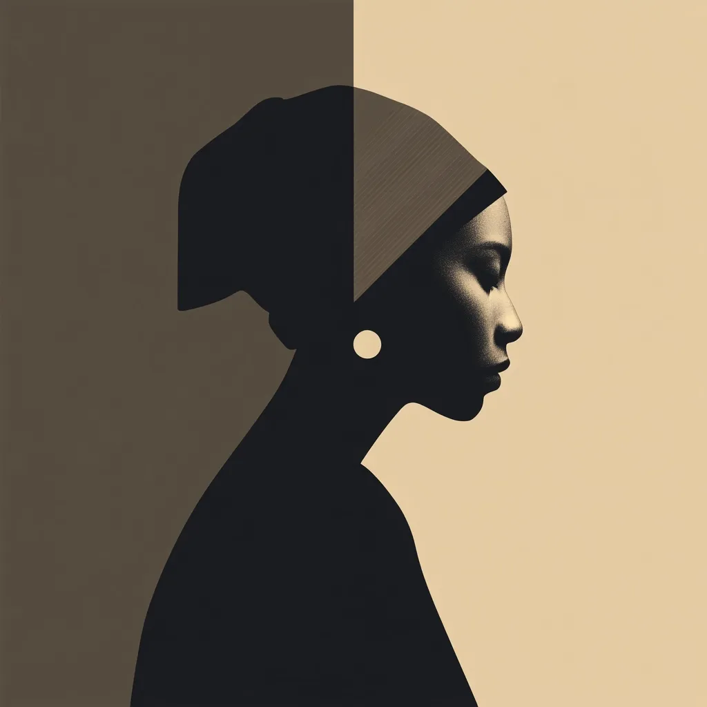 A stylized portrait of a woman in profile, wearing a headscarf.  The image is a monochromatic study in sepia tones, with a geometric division of the background.  The woman's face is softly lit, highlighting her features against the darker silhouette of her head and shoulders. A single, circular earring is visible.  The overall effect is one of elegant simplicity and quiet contemplation.