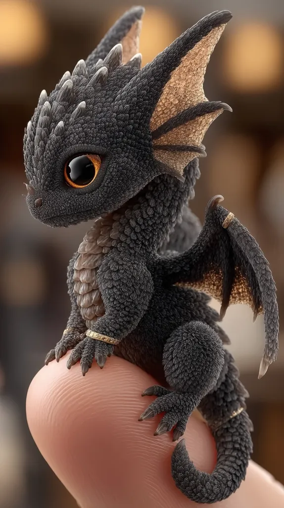 A tiny, adorable baby dragon perches on a human finger.  Its dark gray scales are meticulously detailed, contrasting with lighter, tan-colored ear-like protrusions and wings.  Small, gold bands adorn its wrists.  Large, expressive eyes and a curled tail complete this charming, miniature creature. The image suggests a fantasy setting, showcasing exceptional digital artistry.