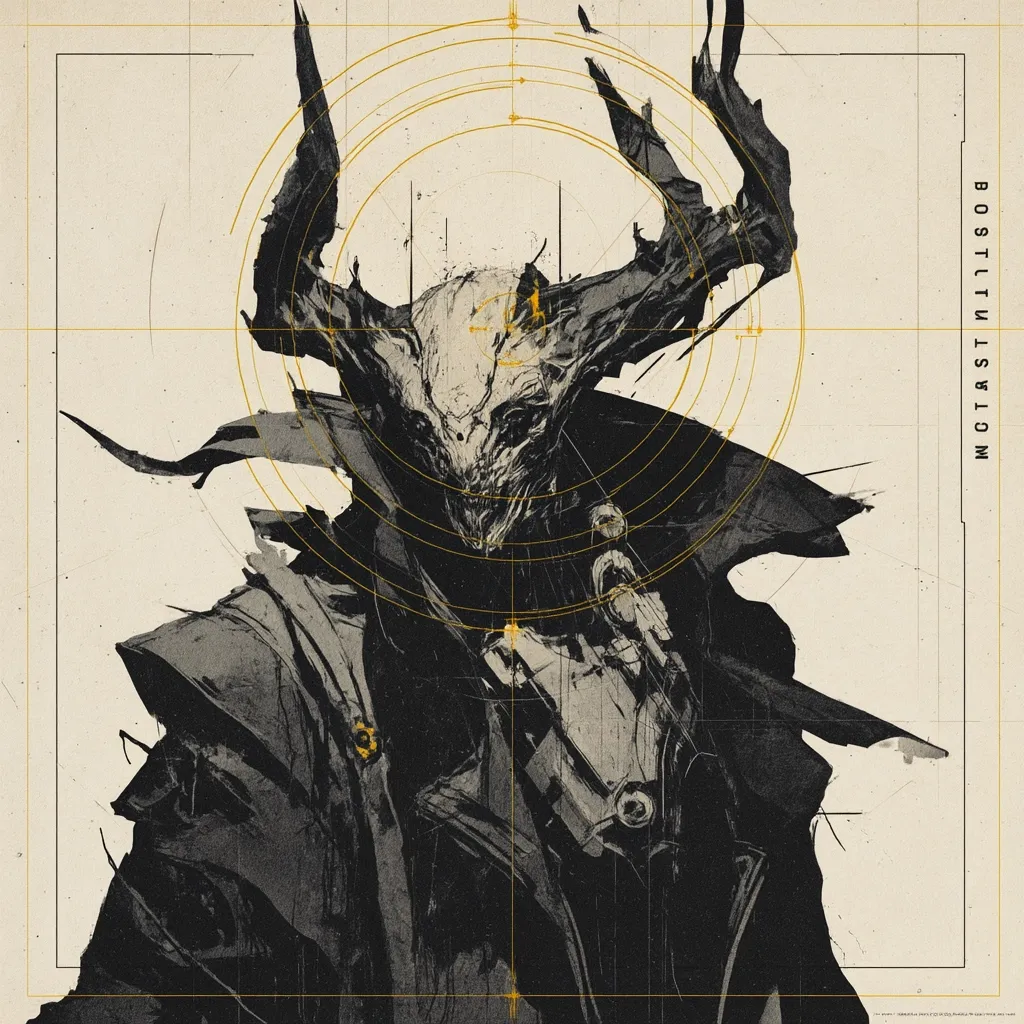 A monochromatic illustration depicts a monstrous figure, cloaked and adorned with large, antler-like headgear.  The creature's face is skeletal and unsettling, its form partly obscured by a dark, textured garment.  Geometric overlays, reminiscent of targeting grids, frame the figure against a light beige background. The word "BOSTILISM" is vertically displayed in the upper right corner. The style suggests a blend of fantasy and sci-fi aesthetics.