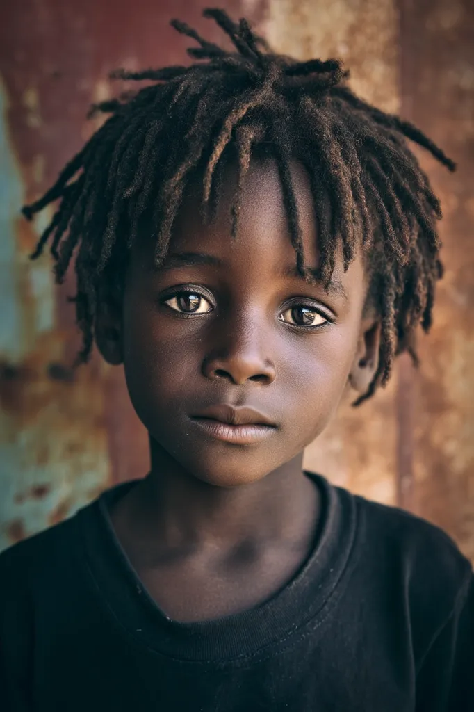 A close-up portrait of a young Black child with dreadlocks.  The child's serious expression and dark eyes are captivating.  They are wearing a dark-colored shirt, and the background is a blurred, rusty metal surface. The image conveys a sense of quiet strength and resilience.