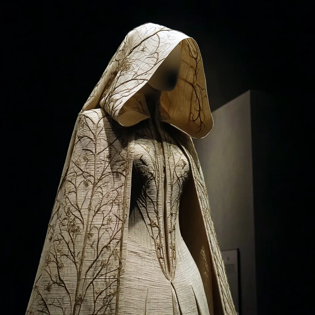 A cream-colored hooded gown, possibly a haute couture piece, is displayed on a mannequin.  The garment features intricate, embroidered branching patterns reminiscent of trees or vines, adorning both the hooded cape and the fitted bodice.  The texture appears subtly pleated or ribbed. The overall effect is elegant and ethereal, suggesting a nature-inspired design. The dark background emphasizes the garment's delicate details.