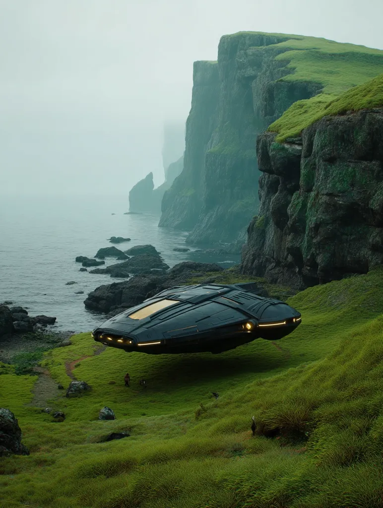 A futuristic, dark-colored spacecraft hovers above a serene coastal landscape.  Misty cliffs, covered in vibrant green grass, rise dramatically from a calm ocean.  Tiny figures are visible near the craft, dwarfed by the vastness of the scene.  The overall atmosphere is one of quiet mystery and otherworldly exploration.