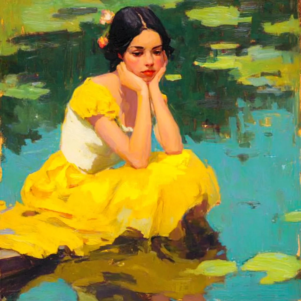 A young woman with dark hair adorned with pink flowers sits pensively by a pond.  She is dressed in a vibrant yellow dress over a white bodice, her elbows resting on her knees, chin in her hands. The background depicts a tranquil pond with lily pads, painted in a loose, impressionistic style with a teal and green color palette. The overall mood is one of quiet contemplation and natural beauty.