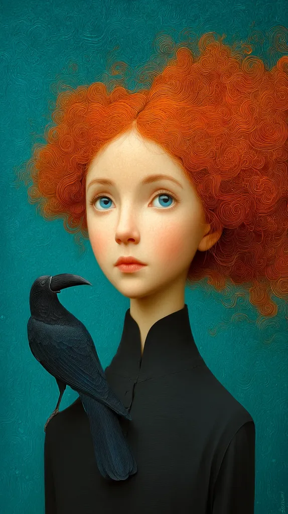A stylized portrait of a young girl with vibrant red, curly hair. She wears a dark collared shirt and a black crow perches on her shoulder.  The girl's expression is serious, her blue eyes captivating. The background is a textured teal, contrasting with the girl's bright hair and the crow's dark plumage. The overall style is reminiscent of a fairytale illustration or a piece of fantasy art.