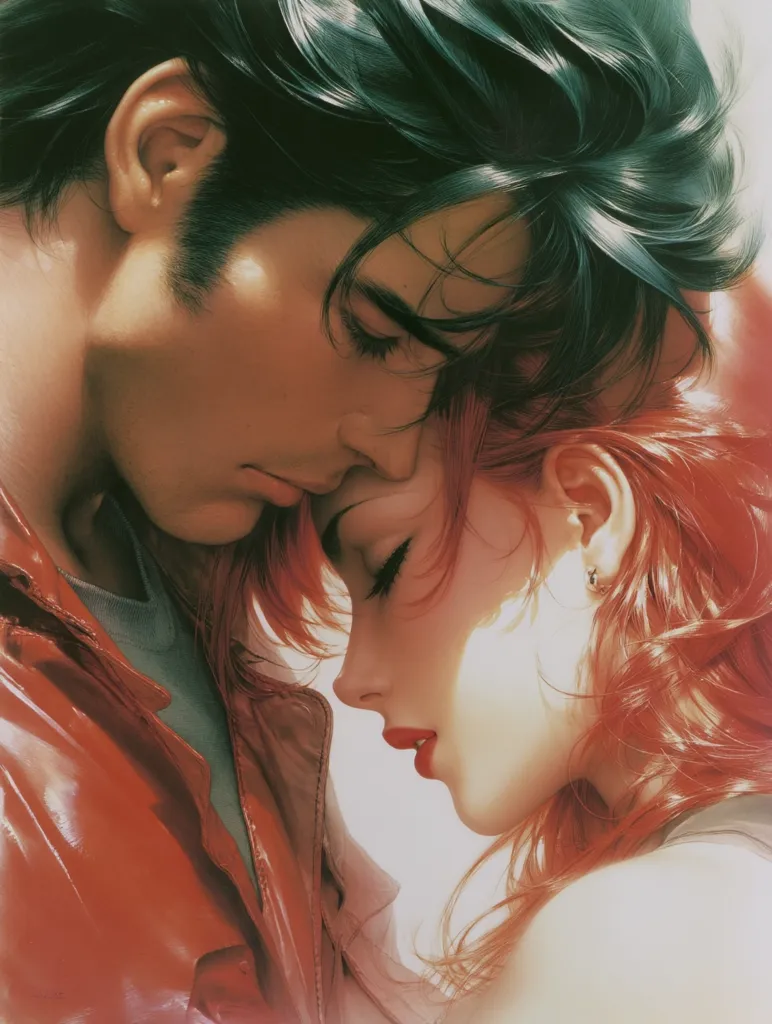 A close-up illustration depicts a tender moment between a man and a woman.  He has dark hair and wears a reddish-brown jacket; she has vibrant red hair and a delicate earring. Their foreheads touch, eyes closed, conveying intimacy and quiet affection. The style is reminiscent of anime or manga, with soft shading and a focus on emotional expression.  The warm lighting enhances the romantic atmosphere.