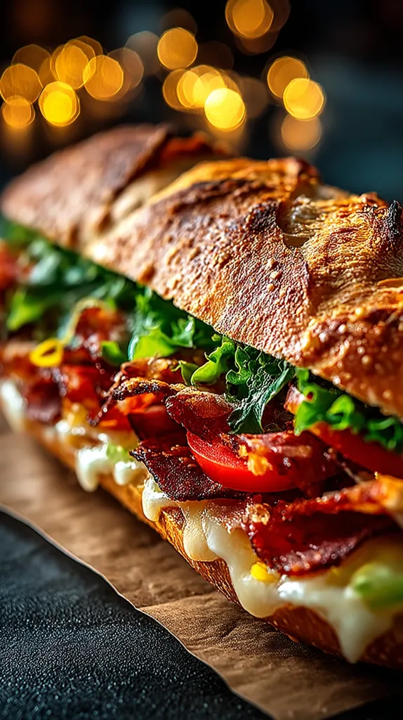 A delicious-looking bacon, lettuce, and tomato sandwich is artfully presented on brown paper.  The baguette is toasted to a golden brown, and the melted cheese oozes from the sides.  Crisp bacon and fresh vegetables are visible, creating a mouthwatering image against a blurred background of warm, golden lights.