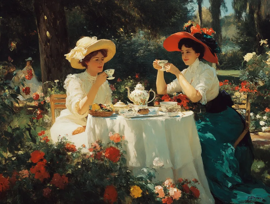 Two elegantly dressed women in wide-brimmed hats enjoy afternoon tea in a sun-drenched garden.  Surrounded by vibrant flowers, they sip from delicate teacups, a teapot and tea set gracing the table between them.  The scene is peaceful and idyllic, capturing the leisurely charm of a bygone era.  A woman in the background adds depth to the composition.