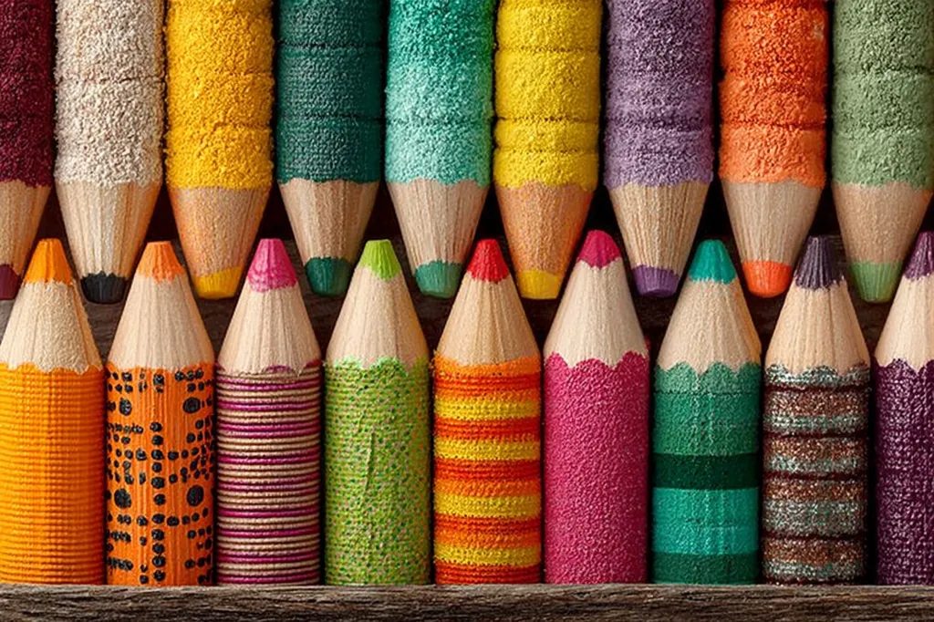 A close-up shot reveals a vibrant array of colored pencils arranged in two parallel rows.  The pencils, boasting a variety of textures and patterns, exhibit a spectrum of colors including oranges, yellows, greens, purples, and pinks.  Their sharpened tips are neatly aligned, creating a visually appealing and symmetrical composition.  The pencils are nestled in a wooden box, enhancing the overall aesthetic.