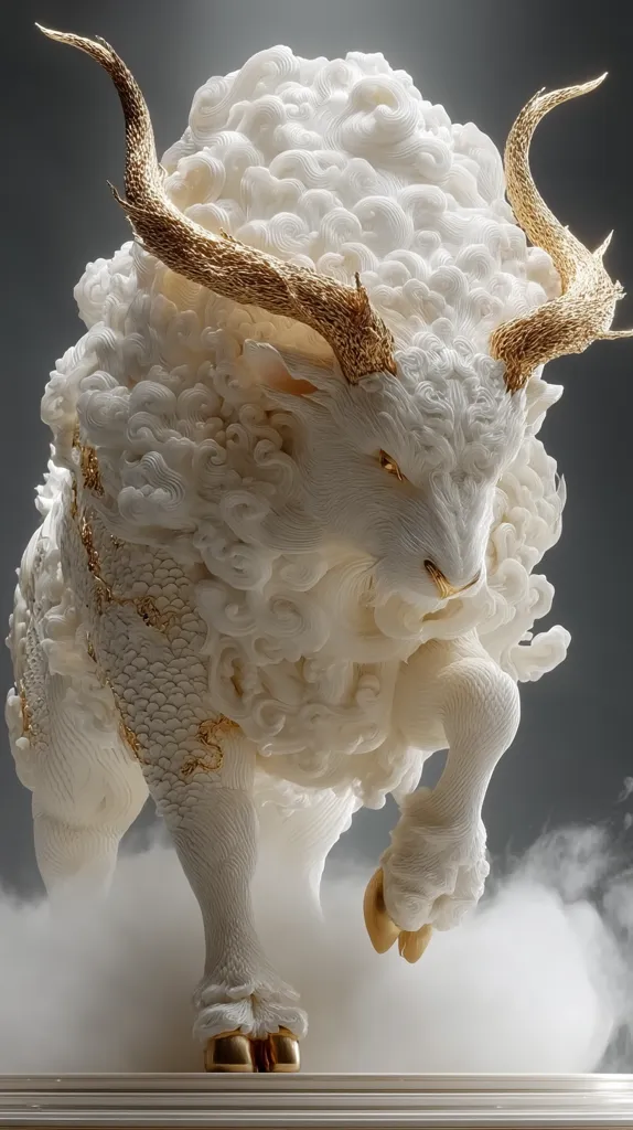 A stunning sculpture of a mythical creature, possibly a ram or goat, is depicted.  Its body is predominantly white, intricately carved with cloud-like textures.  Gold accents adorn its large, sweeping horns and details along its body. The creature appears powerful and majestic, standing amidst a subtle fog, enhancing its ethereal quality. The artwork showcases exceptional detail and skillful craftsmanship.