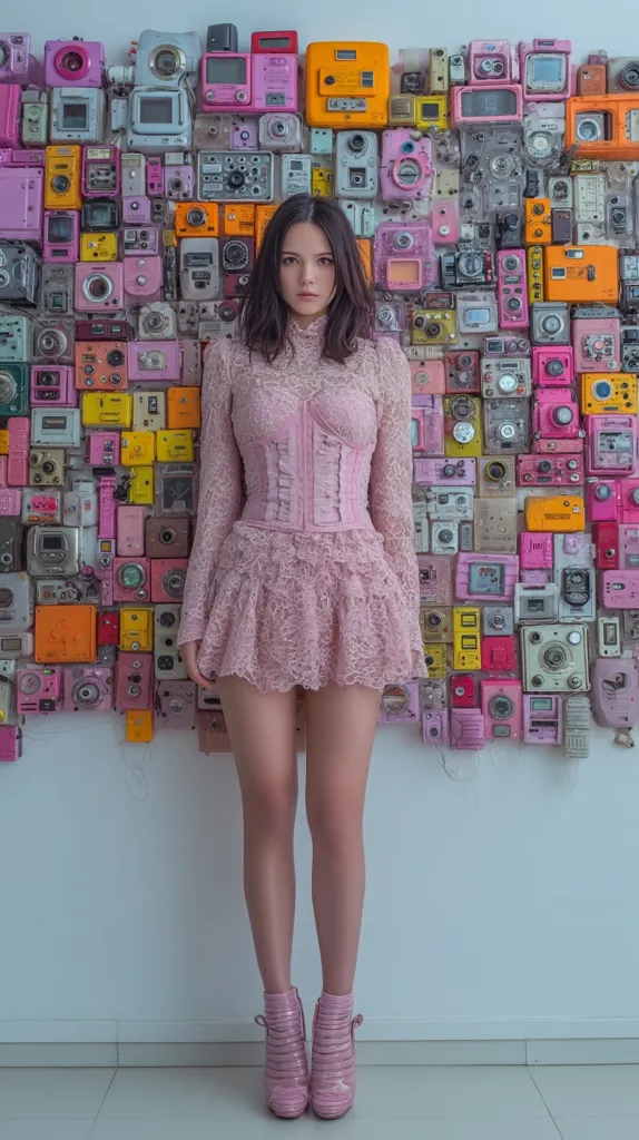 A young woman with long dark hair stands before a wall covered in vintage cameras and electronics. She's wearing a pale pink lace dress and matching ankle boots. The overall aesthetic is retro and slightly surreal, with the vibrant colors of the wall contrasting with the soft tones of her outfit.  Her expression is serious and composed.