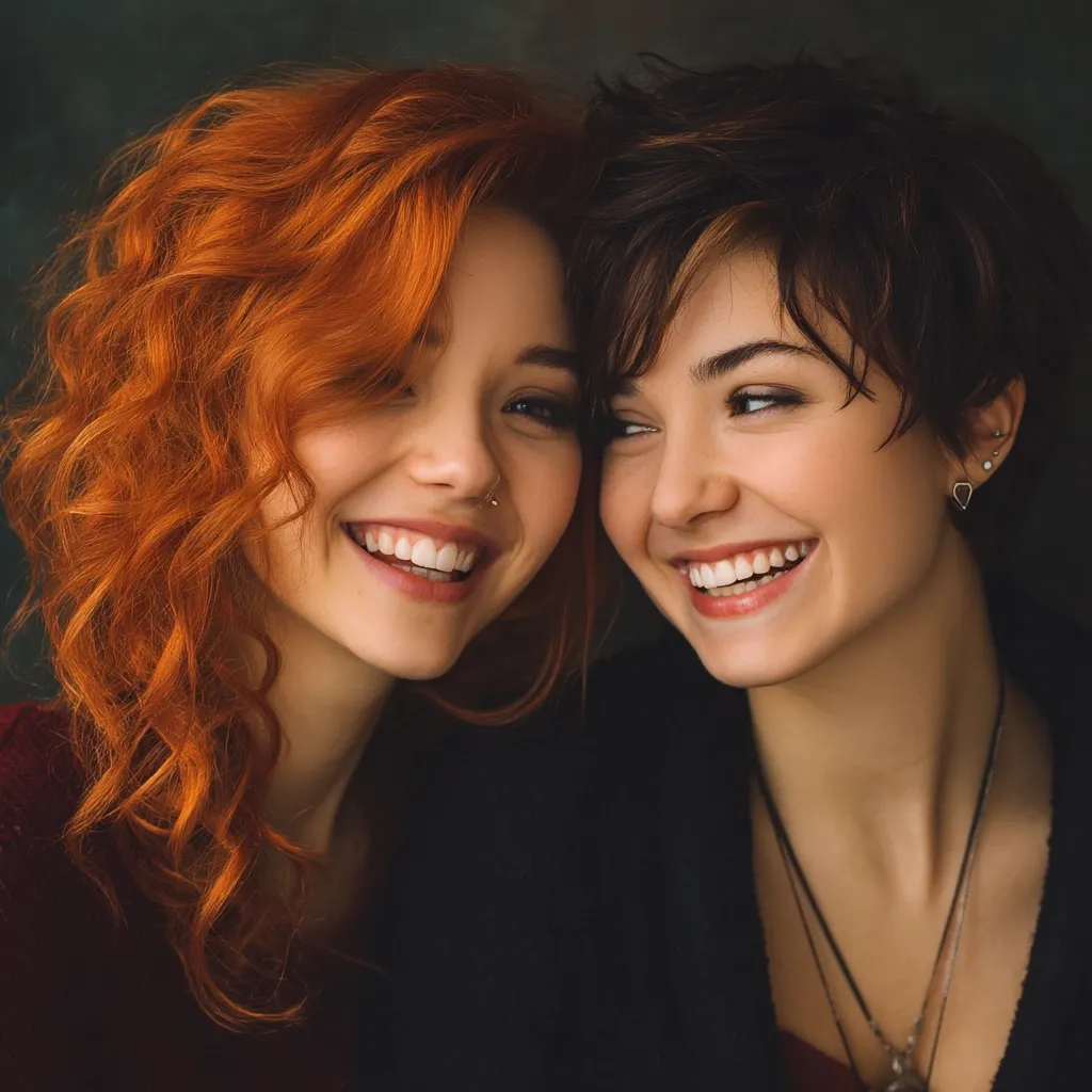 A close-up shot portrays two young women, their heads leaning together.  One has vibrant, curly red hair, while the other sports a short, dark pixie cut.  Both women are smiling broadly, revealing bright, white teeth. Their expressions are joyful and intimate, suggesting a close relationship.  The background is blurred, drawing attention to the subjects' radiant smiles and connection.