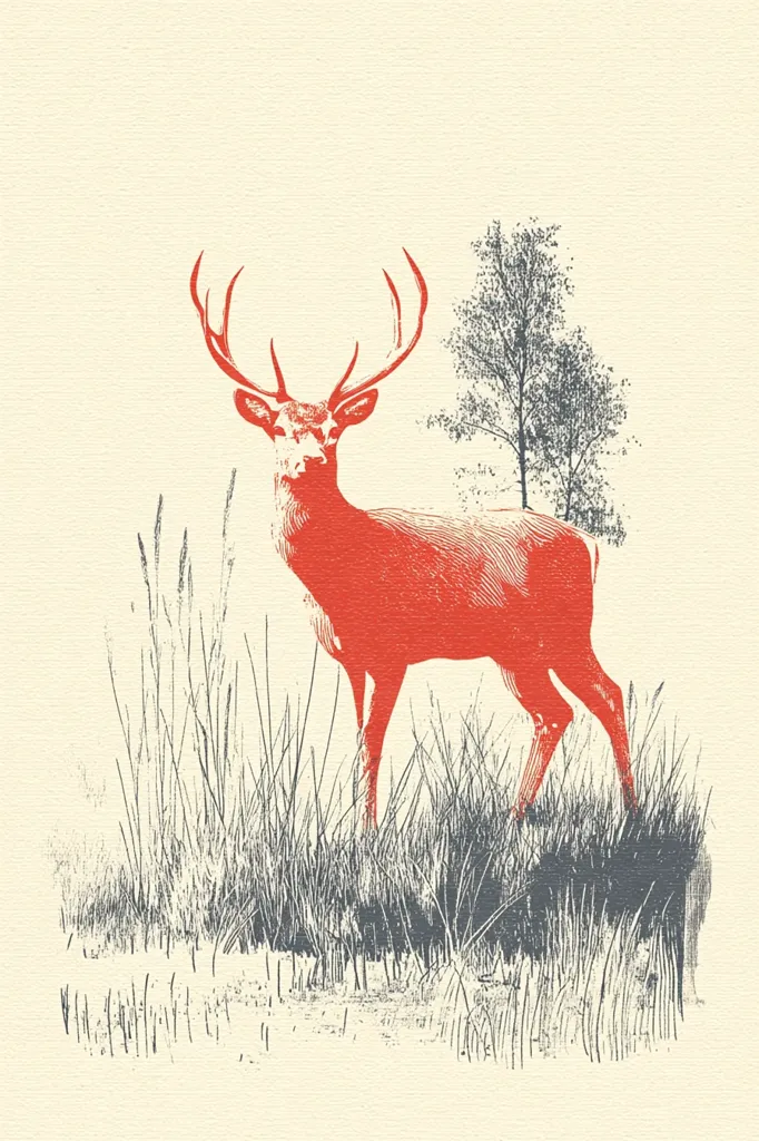 A stylized illustration depicts a vibrant red deer standing in a field of tall grass.  Its large antlers are prominent against a cream background.  A small, dark gray tree is visible in the background, adding depth to the scene. The image has a vintage, woodcut-like aesthetic. The deer is centrally positioned, creating a balanced composition.