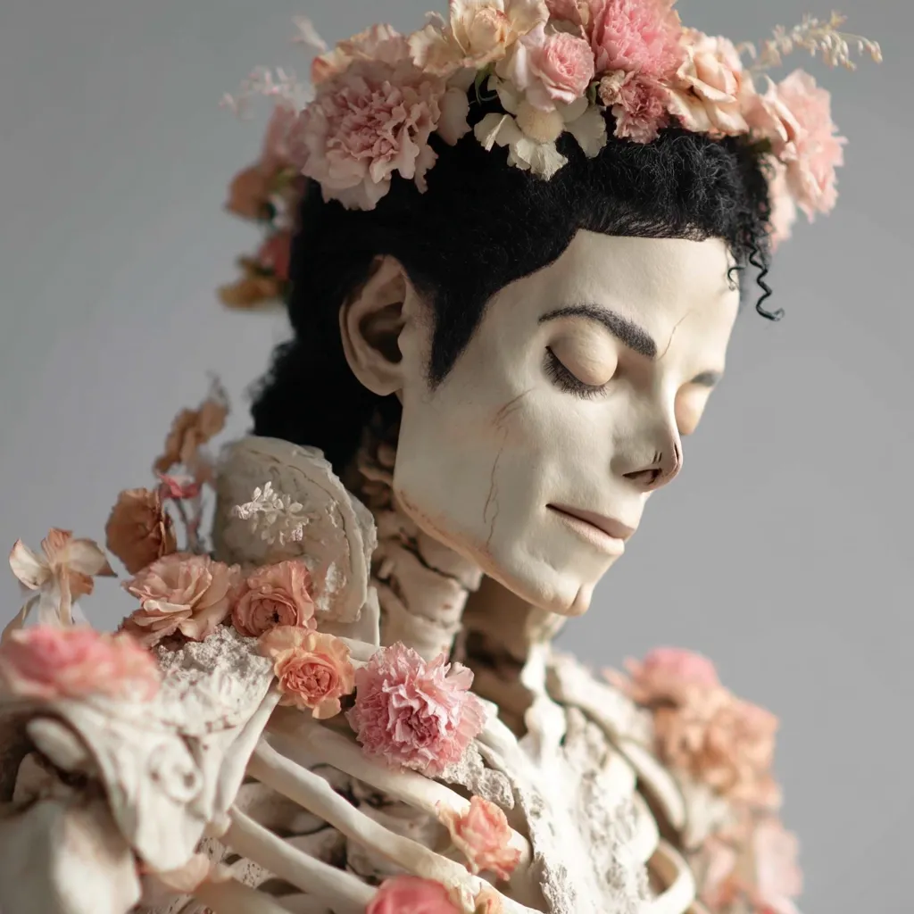 A detailed close-up reveals a meticulously crafted skeletal figure of Michael Jackson.  Adorned with a crown and delicate floral arrangements of pale pink roses and carnations, the sculpture evokes a serene, almost ethereal beauty. The artist's attention to detail is evident in the realistic rendering of Jackson's face and the textural contrast between the smooth skin and the bone-like structure beneath.  The overall effect is hauntingly beautiful and melancholic.