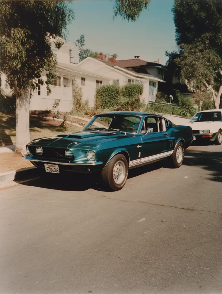 A dark teal Ford Mustang Shelby GT500 is parked on a residential street.  The classic muscle car is prominently featured, angled slightly towards the viewer.  Behind it, a light-colored sedan is partially visible, and a white house with lush landscaping forms the background. The scene is bathed in bright sunlight, suggesting a warm, sunny day.  The overall feel is nostalgic, reminiscent of a vintage photograph.