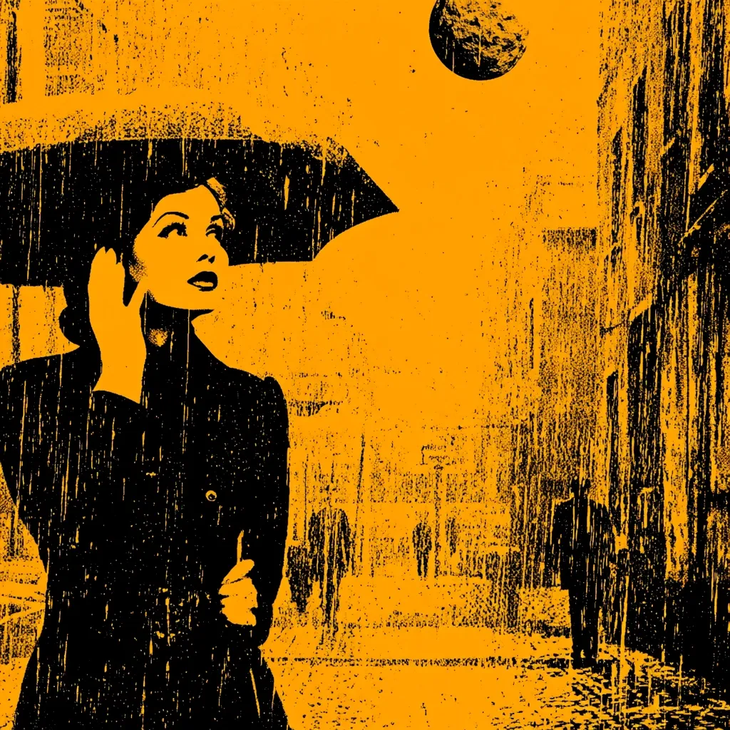 A stylized illustration depicts a woman under a black umbrella in a rain-swept, ochre-toned city.  The image uses a bold, graphic style with heavy black outlines and a textured background suggesting rain and a rough city landscape. The woman's face is expressive, looking upward.  A dark moon hangs in the sky. The overall mood is atmospheric and slightly melancholic.