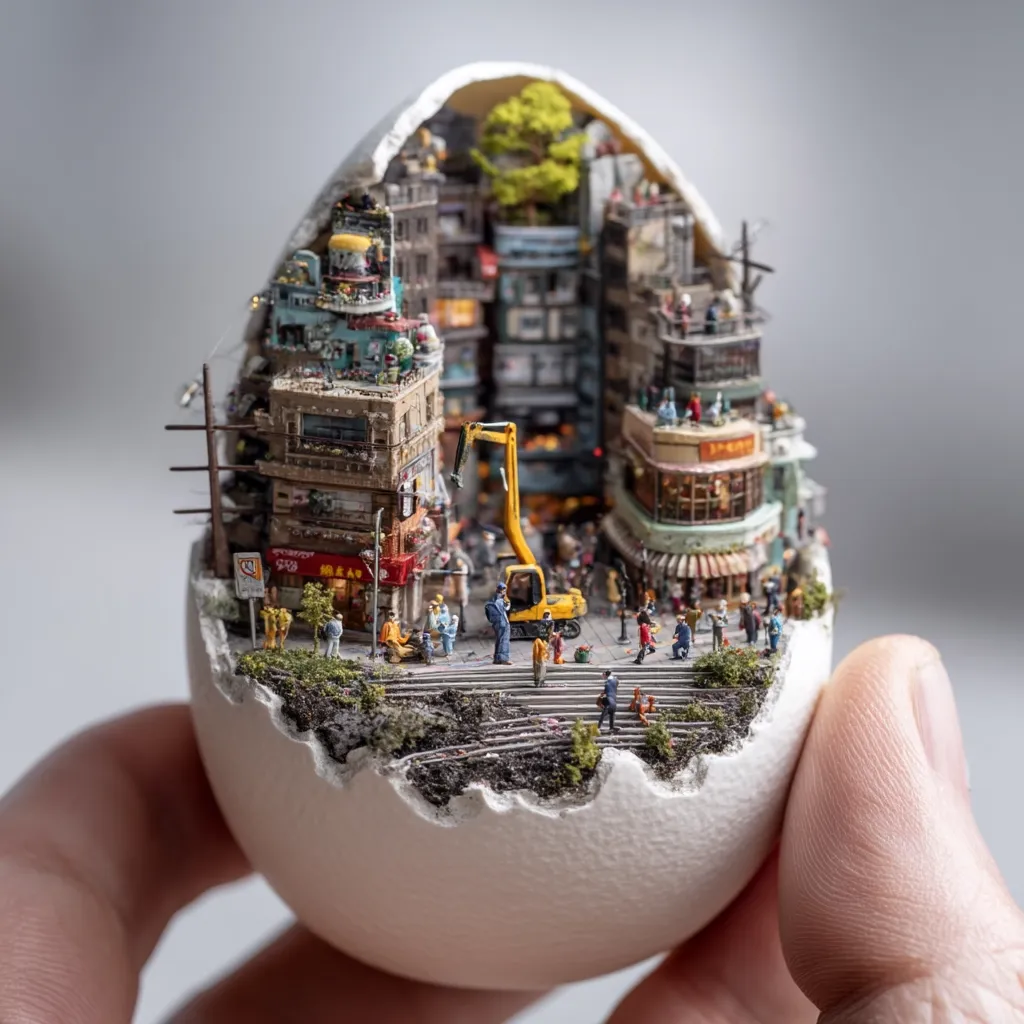 A miniature cityscape, teeming with tiny figures and intricate details, is nestled inside a cracked eggshell.  Buildings, streets, and even a small construction crane are meticulously crafted. The scene is vibrant and detailed, showing a bustling street life.  The eggshell serves as a unique and unexpected container for this remarkable miniature world, held gently in a hand.