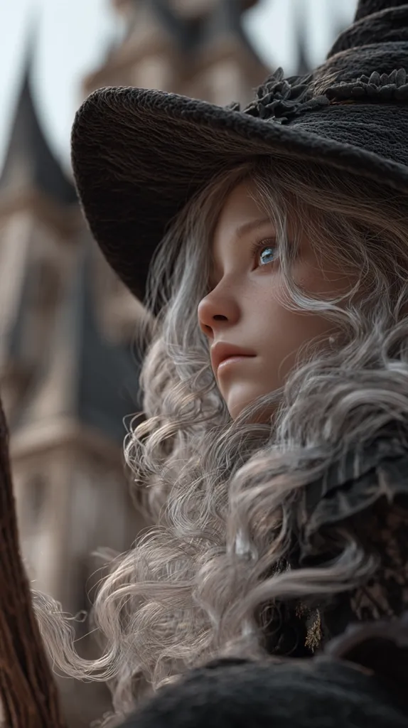 A young woman with long, wavy gray hair wears a large, dark-colored witch's hat.  Her blue eyes gaze pensively to the side, her expression thoughtful.  The background is blurred, showing a portion of a large, ornate building. The overall mood is mysterious and slightly melancholic.  The image is highly detailed and realistic, possibly digitally rendered.