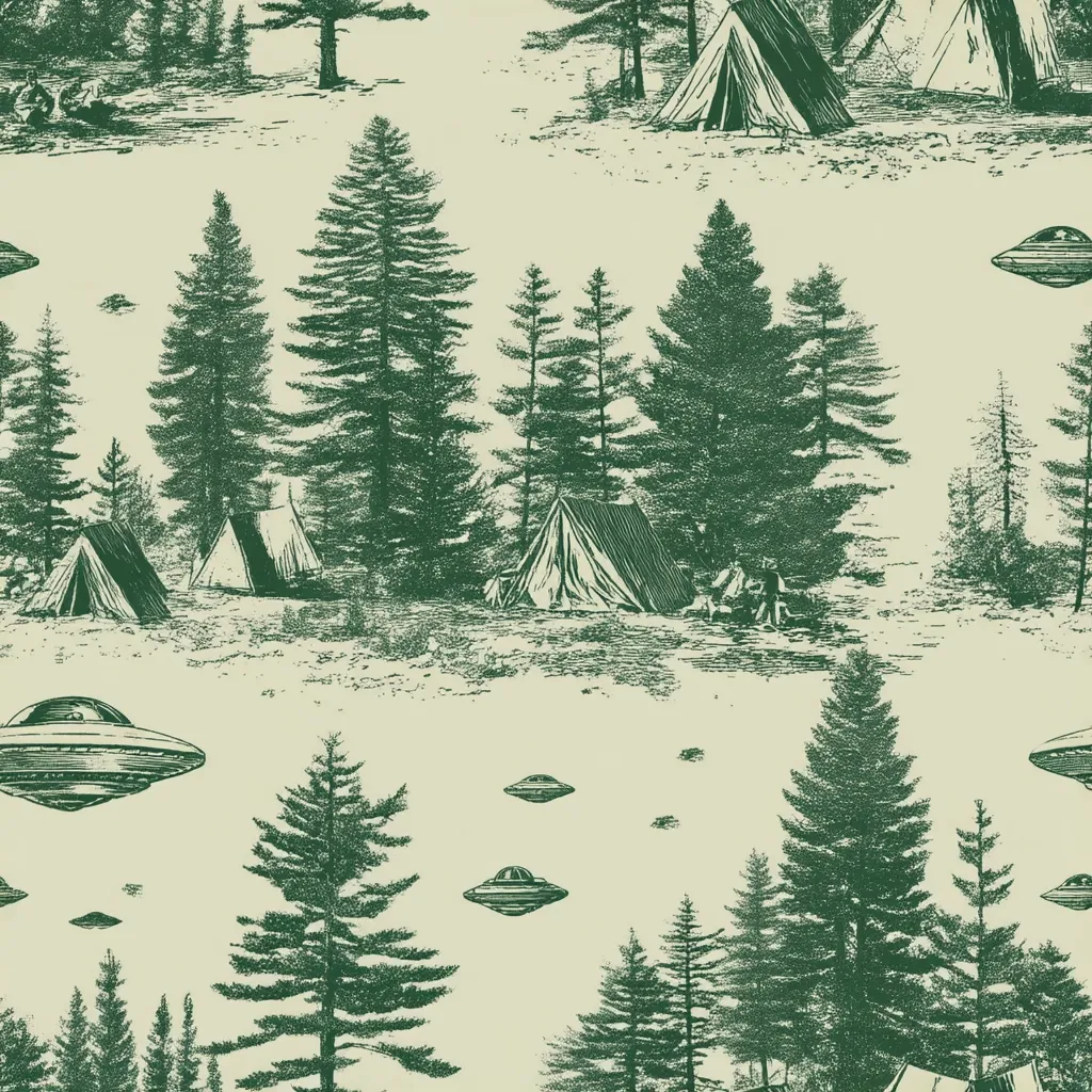 A seamless pattern depicts a whimsical forest scene with numerous camping tents nestled amongst tall evergreen trees.  Flying saucers float above, adding a surreal element to the vintage-style illustration. The monochromatic green and beige color palette creates a nostalgic, almost antique feel.  The overall aesthetic is playful and mysterious.