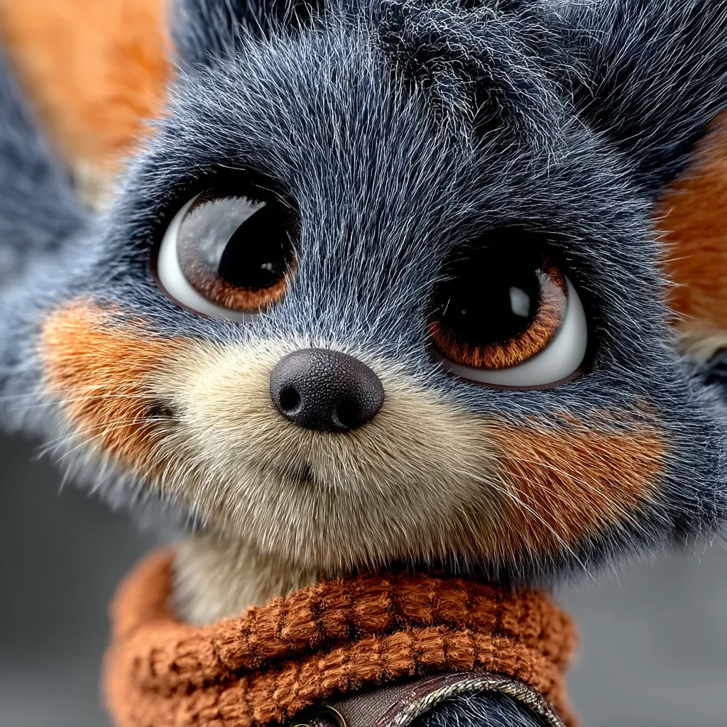 Close-up of a digitally rendered furry creature.  It has large, expressive eyes, a dark gray/blue coat, and orange markings on its cheeks and ears.  The creature is wearing a brown knitted scarf and appears friendly and endearing.  The fur texture is highly detailed, giving a realistic appearance.