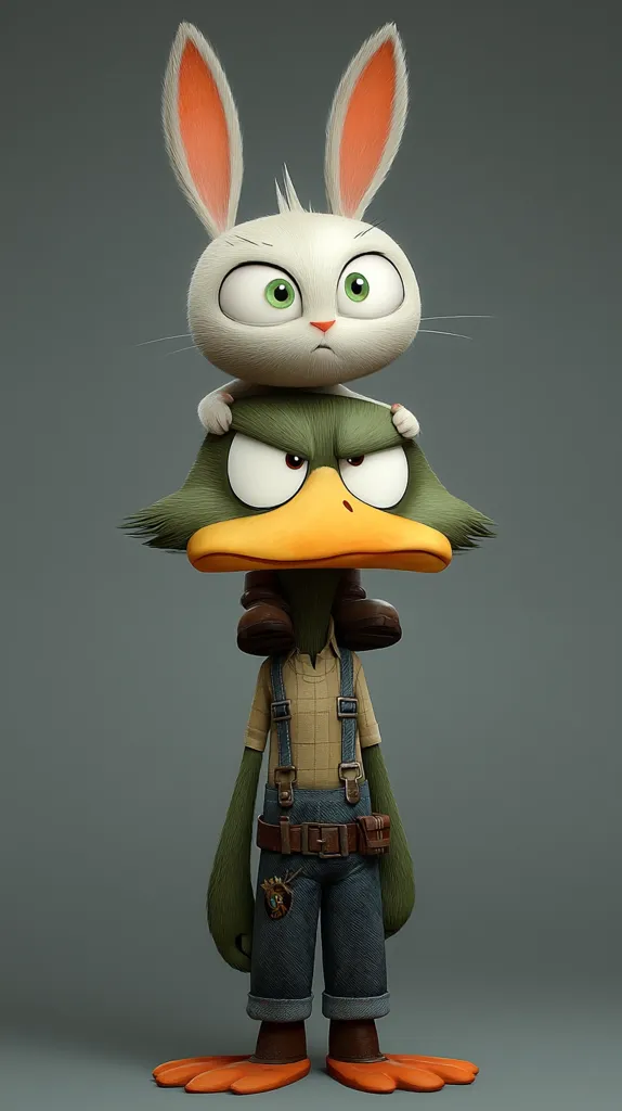 A 3D rendered image showcases a grumpy-looking green duck wearing overalls and a belt, with a small white rabbit perched atop its head. The duck has large, expressive eyes and a serious demeanor. The rabbit appears slightly apprehensive, its large eyes wide.  The overall style is cartoonish, yet detailed, with realistic texturing on the characters' clothing and fur. The background is a muted grey.