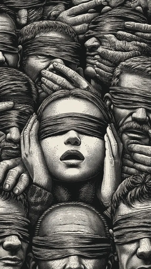 A monochromatic illustration depicts a multitude of individuals, their eyes obscured by blindfolds.  The intricate detail highlights the textured surfaces of the fabric and skin, creating a powerful visual metaphor. Hands cover mouths, reinforcing a sense of silencing and suppression. The central figure, a woman, is prominently featured, her expression conveying a mix of resignation and apprehension. The overall effect is one of oppression and the denial of truth.