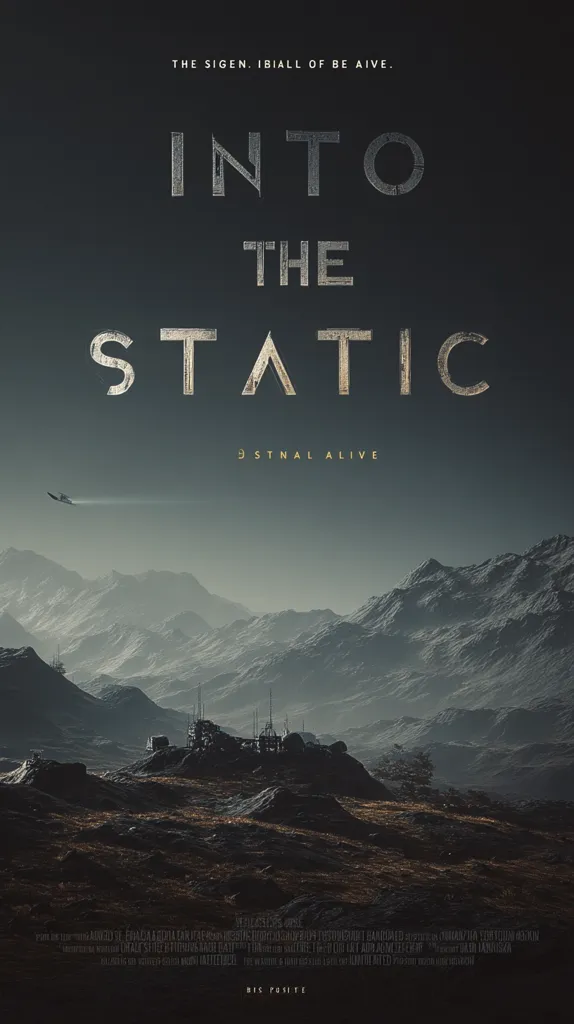 A movie poster for "Into the Static" displays a desolate, mountainous landscape under a dark sky.  A small aircraft flies in the distance. The title is stylized in a distressed, metallic font.  The tagline reads "The Sigen. Ibiall of be alive."  and "Dstnal Alive" is also visible, hinting at a sci-fi or post-apocalyptic theme. The overall mood is bleak and mysterious.