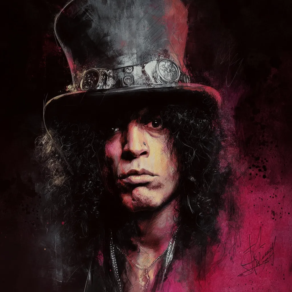 A stylized portrait of Slash, the Guns N' Roses guitarist, is depicted.  He's wearing his iconic top hat, and his dark, curly hair frames his face. The artistic style uses a blend of painting and sketching techniques, creating a textured, almost grunge-like effect with dark and crimson tones dominating the background.  The overall mood is intense and brooding, capturing the musician's signature look and persona.