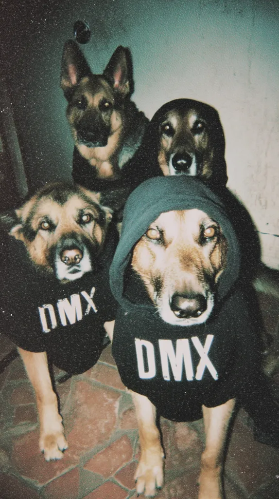 Four German Shepherds are dressed in black hoodies with "DMX" printed on them.  Three are wearing the hoodies over their heads, while one wears it like a jacket. The dogs are sitting on a reddish-brown tiled floor. The image has a grainy, vintage quality.  The overall scene is humorous and slightly edgy.