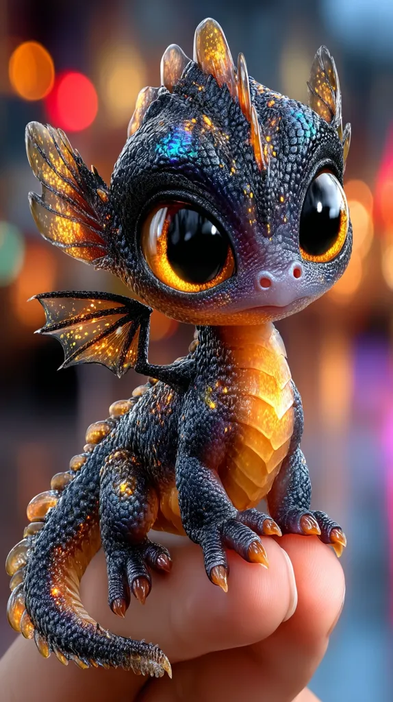 A tiny, adorable dragon rests on a person's finger.  Its scales shimmer with dark blue and gold, and its large, expressive eyes are a captivating amber.  The dragon's wings are translucent, edged with glowing gold. The background is blurred, showing bright bokeh lights.  The overall image is incredibly detailed and evokes a sense of fantasy.
