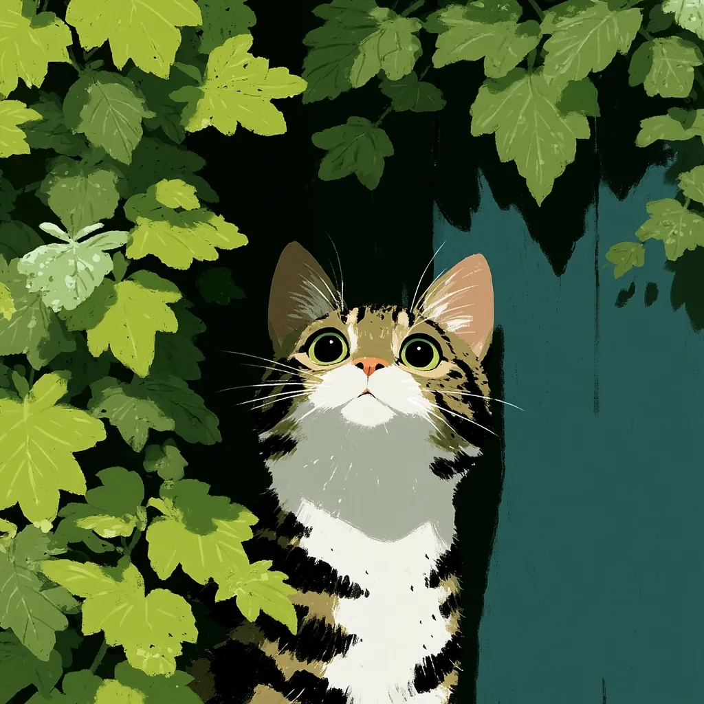 A charming tabby cat with large, expressive green eyes gazes upward, partially hidden behind lush green foliage.  The cat's white chest contrasts with its dark tabby markings.  The background features a deep teal wall or fence, creating a serene and slightly mysterious atmosphere. The style is illustrative, with soft brushstrokes and a focus on the cat's endearing expression.