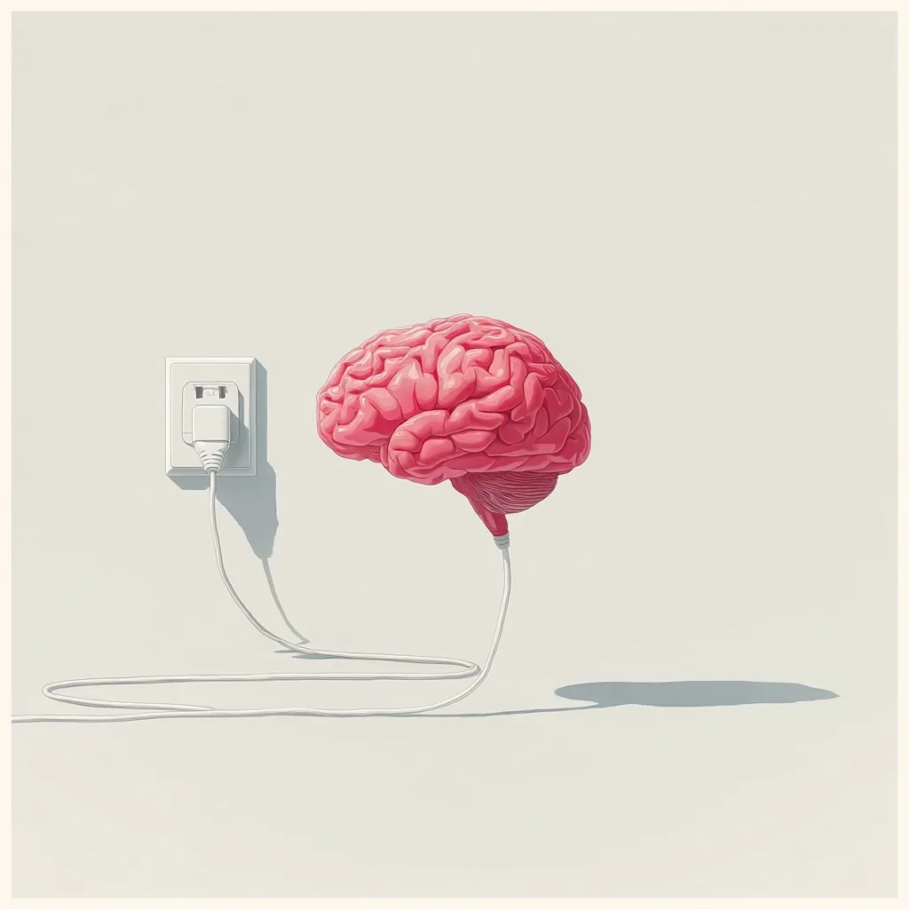A pink brain is depicted plugged into a wall outlet via a white cord. The image suggests a conceptual idea of powering or recharging the brain, possibly symbolizing mental energy, focus, or the dependence on external stimuli for cognitive function.  The minimalist style emphasizes the central concept of brainpower and its connection to an external source.