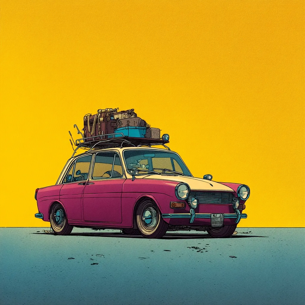 A vintage, maroon car with a white roof is laden with luggage on a roof rack against a vibrant yellow backdrop.  The car, possibly a classic model, appears ready for a road trip. The illustration style is reminiscent of comic book art, with bold outlines and color choices. The scene evokes a feeling of adventure and nostalgia.