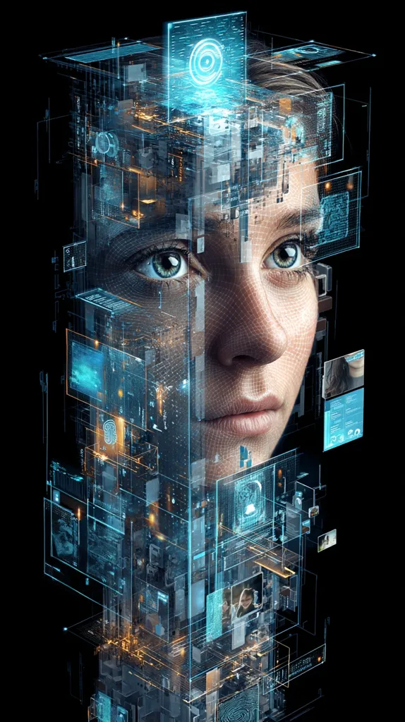 A woman's face is overlaid with a complex, glowing, three-dimensional structure of data streams, digital interfaces, and technological elements.  The image evokes concepts of artificial intelligence, digital identity, and the merging of human and machine.  Blue and orange hues illuminate the intricate network of information surrounding the face, suggesting a powerful connection between human consciousness and technology.