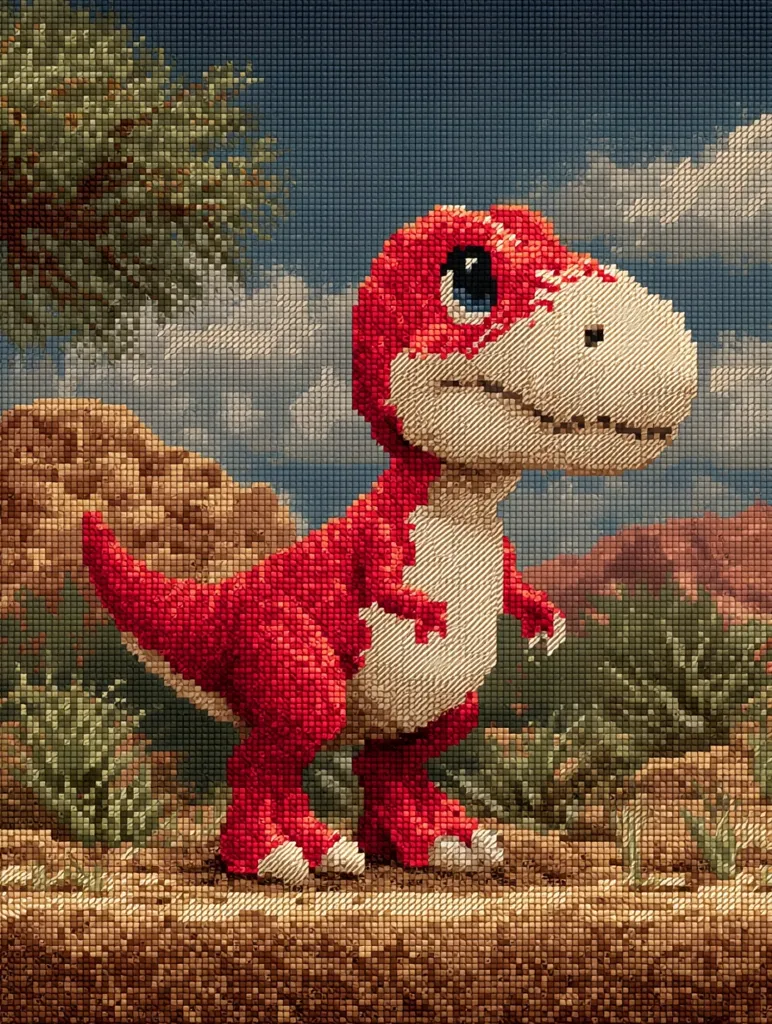 A cross-stitch artwork depicts a cartoonish, red Tyrannosaurus Rex standing in a desert landscape. The dinosaur has large, expressive eyes and a whimsical expression.  The background features a small tree, rocky hills, and sparse desert vegetation, all rendered in a pixelated style consistent with cross-stitch.  The overall tone is cheerful and slightly nostalgic.