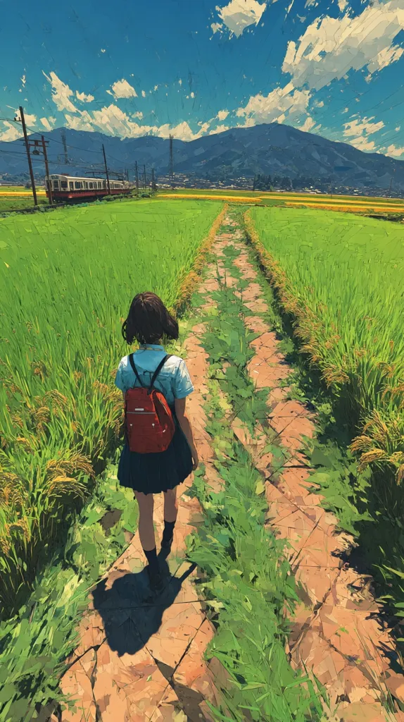 A girl with a red backpack walks down a stone path through vibrant green rice paddies under a sunny sky.  A train is visible in the distance, traversing the landscape. The scene is idyllic and peaceful, with mountains forming a backdrop.  The style is reminiscent of anime or digital painting, with distinct brushstrokes and a slightly impressionistic feel.