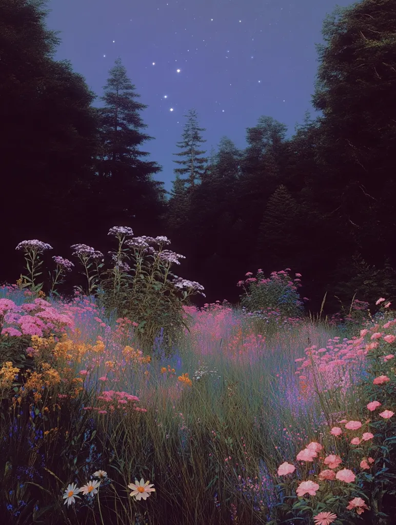 A tranquil night scene unfolds, where a vibrant meadow of wildflowers basks under a starlit sky.  Tall grasses and diverse blooms in shades of pink, purple, and yellow create a lush tapestry.  Dark, silhouetted trees form a backdrop, enhancing the ethereal beauty of the flowering field beneath a twilight sky sprinkled with stars.