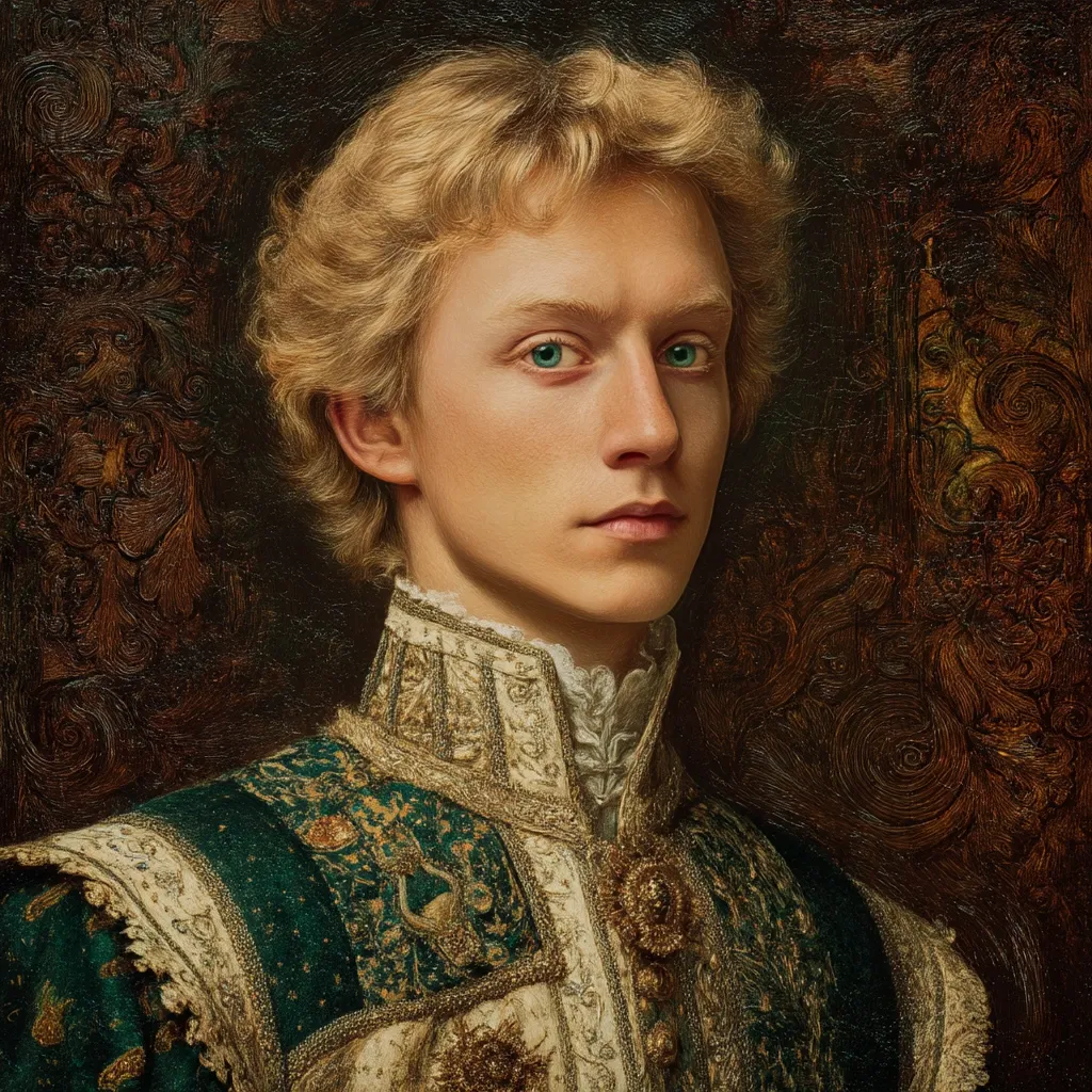 A portrait in the style of a Renaissance painting depicts a young man with blond, curly hair and striking blue eyes. He is dressed in an elaborate, richly embroidered green and gold doublet, the ornate details suggesting high social standing.  His expression is serious and somewhat pensive, creating a sense of regal dignity. The dark, swirling background enhances the subject's prominence.