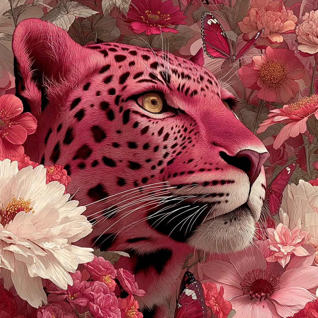 A vibrant pink leopard's head is nestled amongst a profusion of pink and white flowers.  The leopard's gaze is serene and directed to the right, its fur detailed with dark pink spots.  Delicate butterflies, also in shades of pink, flutter nearby, creating a whimsical, surreal scene. The overall effect is one of delicate beauty and unexpected juxtaposition.