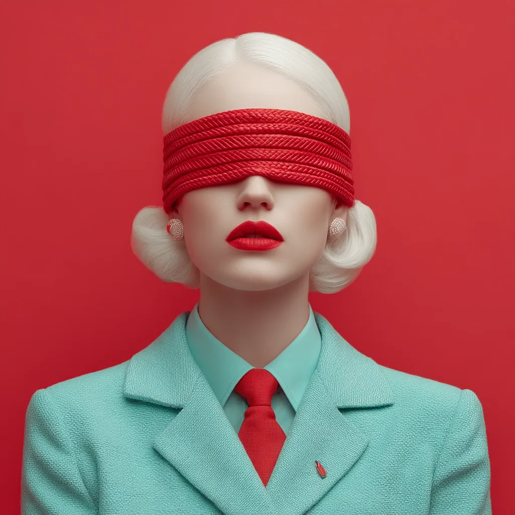 A stylish blonde woman, her face obscured by a vibrant red braided blindfold, is captured against a bold red backdrop.  She wears a teal textured suit, a red tie, and small, round earrings. The image presents a striking contrast of colors and a sense of mystery.  Her expression is serene, despite the blindfold.