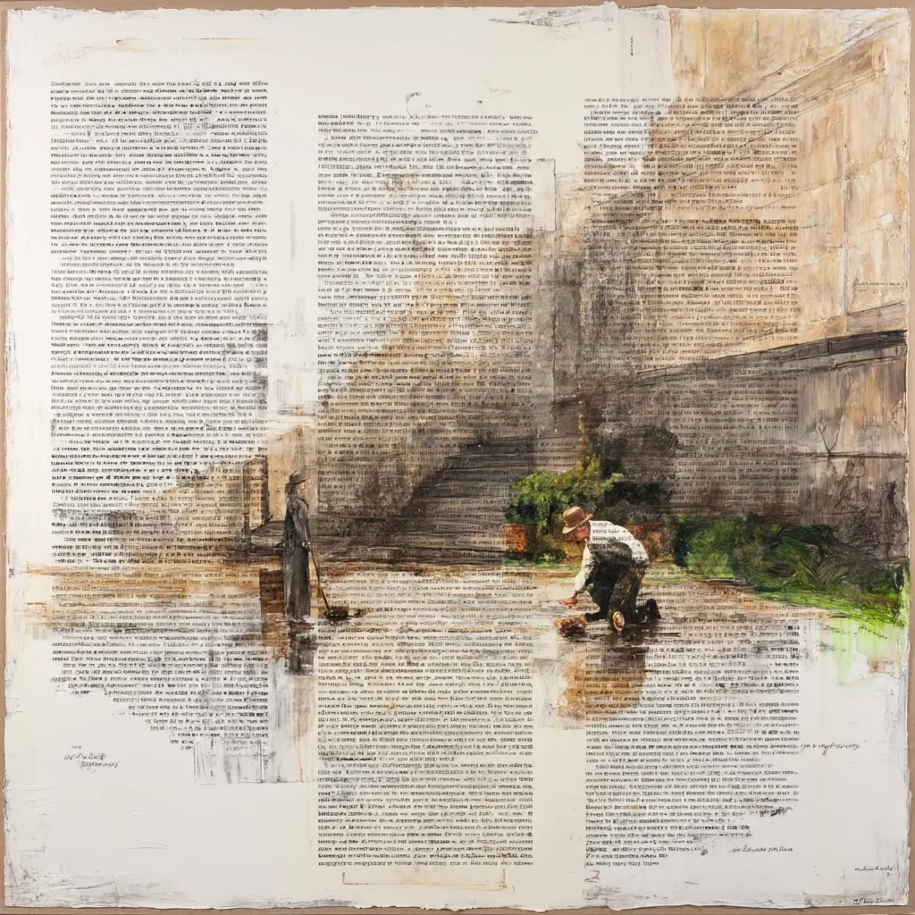 A mixed-media artwork depicts a scene of two figures in an urban setting, layered over dense text. One figure appears to be sweeping, while another kneels, possibly gardening. The background suggests a city alleyway with stairs and buildings, all rendered in muted earth tones. The text, possibly excerpts or a poem, adds a layer of narrative depth to the composition, creating a sense of story and atmosphere.  The style is evocative of urban decay and quiet observation.