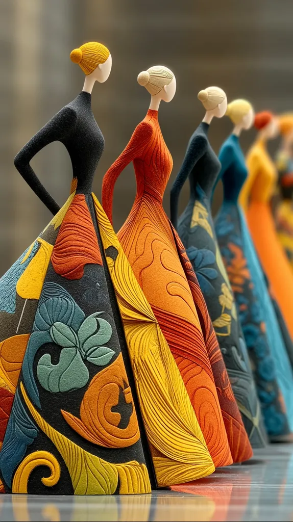 A row of stylized female figurines stand in a gradient of warm colors.  Each figure is sculpted with a slender neck and body, wearing a flowing gown decorated with intricate, textured patterns in oranges, yellows, blues, and blacks. The gowns' designs resemble stylized floral and wave motifs.  The overall effect is one of elegant, abstract artistry.