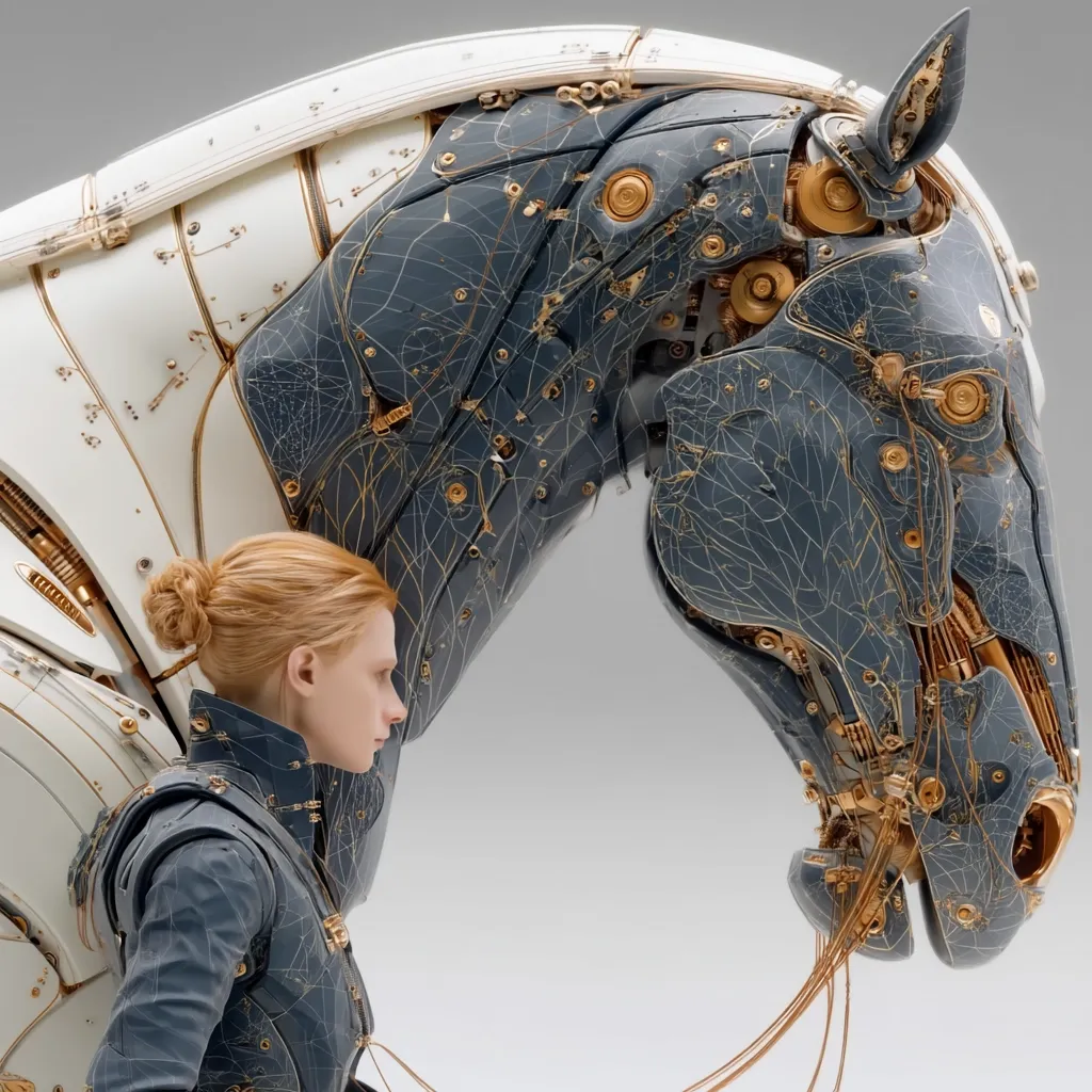 A young woman with auburn hair stands beside a magnificent, intricately detailed robotic horse. The horse is predominantly dark grey and white, with gold accents highlighting its complex mechanical structure.  The woman's attire is similarly styled, suggesting a connection between the two. The image evokes a futuristic, almost steampunk aesthetic.  The overall feeling is one of elegance and technological marvel.