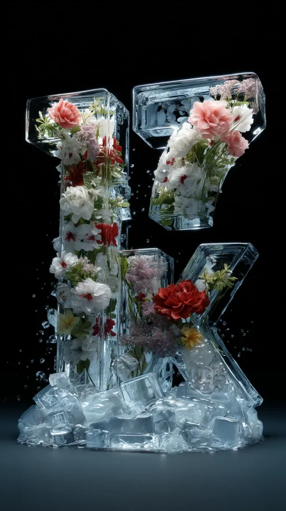A captivating image showcases the letters "IK" sculpted from ice, encasing vibrant flowers within their frozen forms.  The ice is melting, with chunks scattered at the base, creating a visually striking contrast between the delicate blooms and the cold, hard ice. The dark background accentuates the icy sculpture's ethereal beauty.