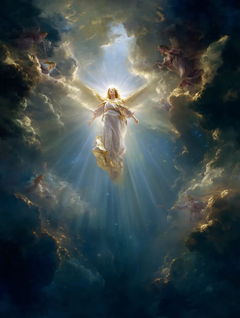 A central angel with large wings descends from a heavenly realm, bathed in divine light.  Surrounding her, other angels are depicted amidst swirling clouds, their forms partially obscured by the celestial glow. The scene is one of ethereal beauty and spiritual ascension, evoking feelings of peace and divine presence. Beams of light radiate from the central angel, illuminating the dramatic cloudscape.