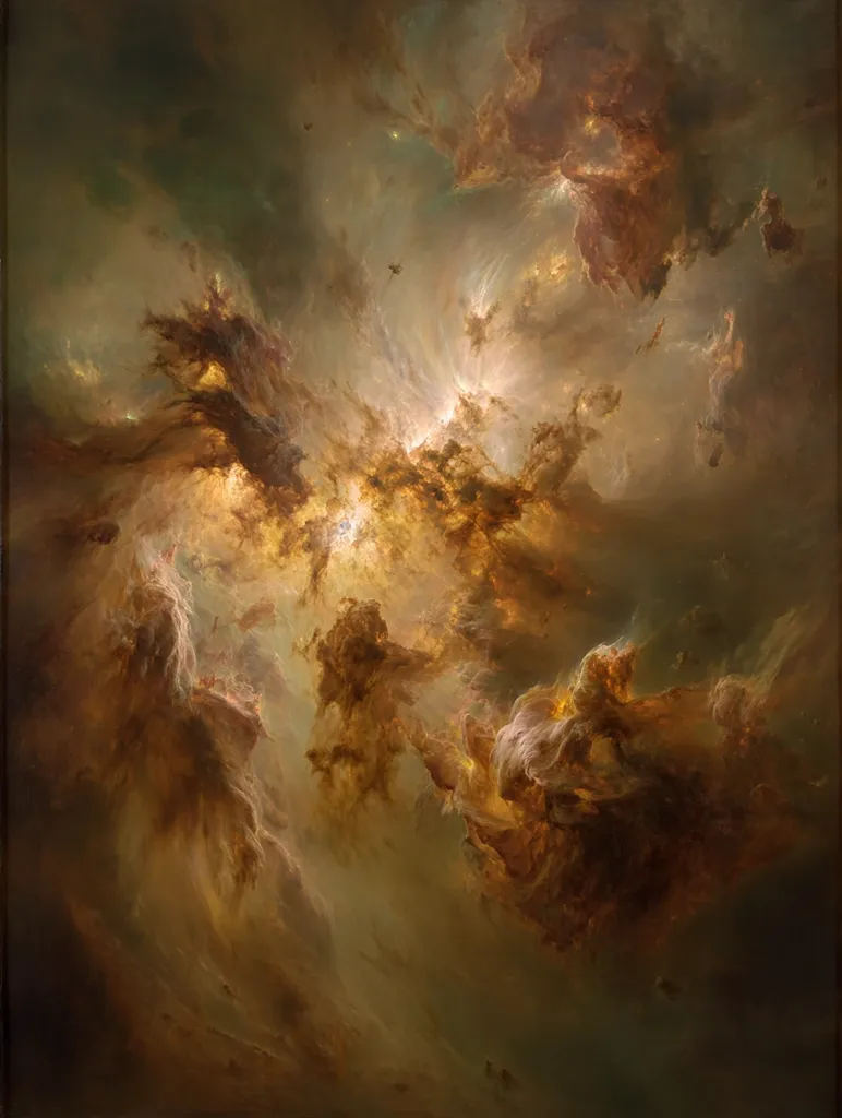 The painting depicts a celestial scene, possibly a nebula, rendered in rich, earthy tones of gold, brown, and olive green.  Swirling clouds of cosmic dust and gas create a dynamic, almost three-dimensional effect.  The light source seems internal, illuminating the textured clouds from within, suggesting depth and vastness. The overall impression is one of awe and mystery, capturing the beauty and grandeur of the cosmos.