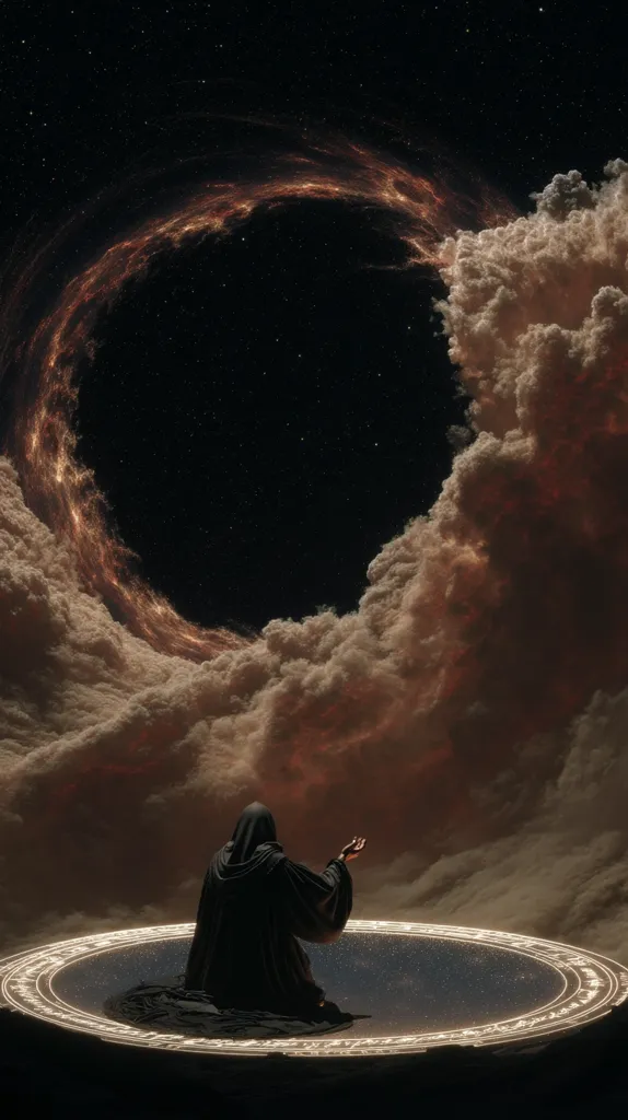 A cloaked figure sits on a circular platform, arms raised in supplication.  Behind them, a swirling, fiery nebula arcs through a backdrop of dramatic clouds against a star-filled night sky.  The scene evokes a sense of otherworldly power and cosmic connection, suggesting a ritual or invocation. The overall aesthetic is dark, mysterious, and awe-inspiring.
